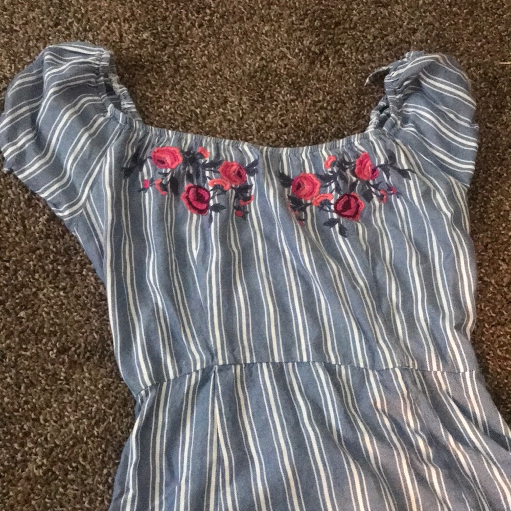 Off the shoulder blue and white striped dress